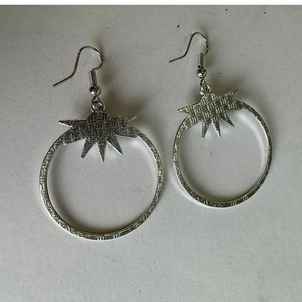 Silvertone Dangle Hoops with Star + Faux Turquoise Earrings Western Boho Cowgirl